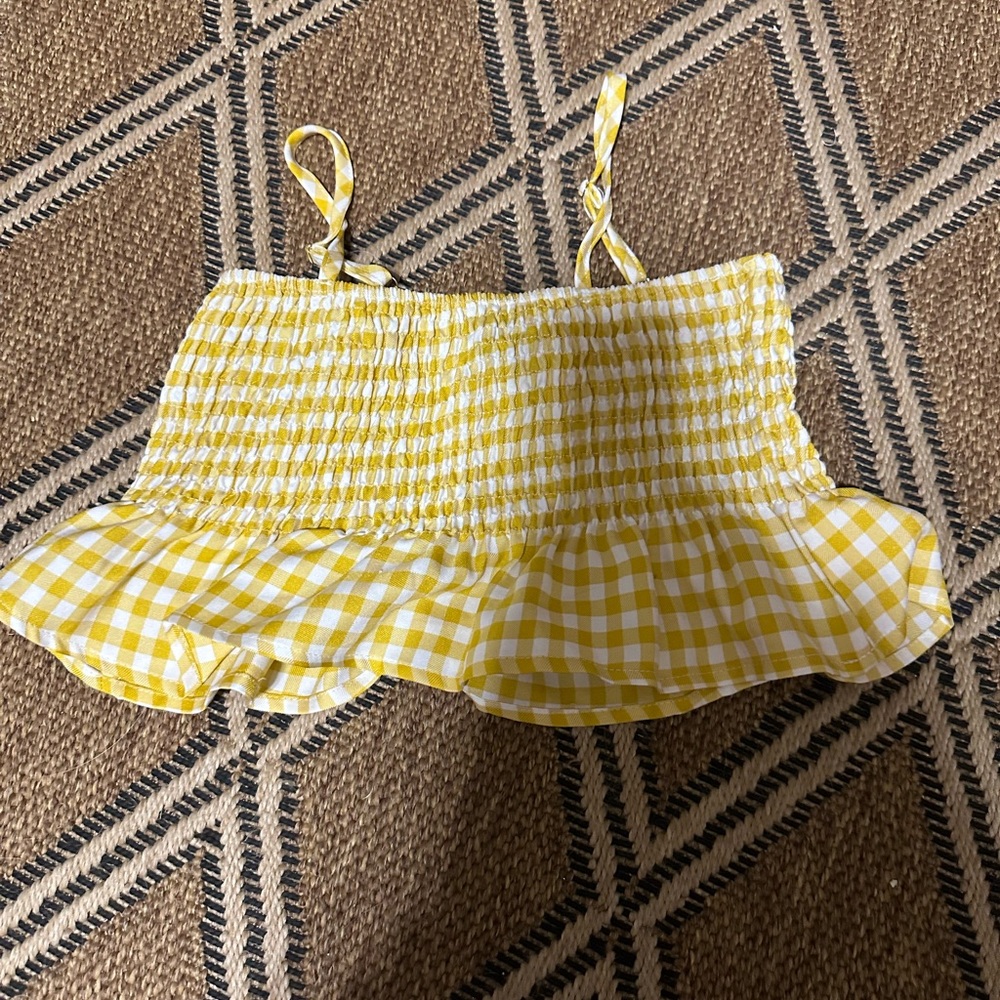 Yellow & White Gingham Shein Ruffle Spaghetti Strap Crop Too